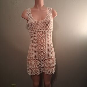 Blue Island Cream 100% Cotton Lace Sleeveless Mini Dress Boho Beach Cover-Up SM